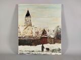 tableau représentant une personne promenant son chien dans la neige, avec une église en arrière-plan