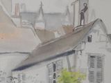 a painting of a building with a clock on the top of it
