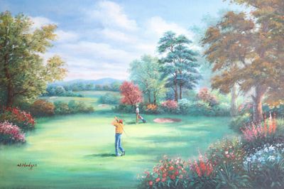 un tableau représentant un homme jouant au golf dans un champ