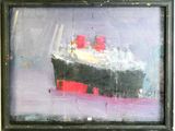 an oil painting of a ship in a black frame on a wall