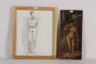 deux tableaux représentant un homme et une femme, posés l'un à côté de l'autre sur une étagère