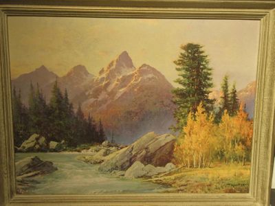 a picture of a painting of a mountain scene