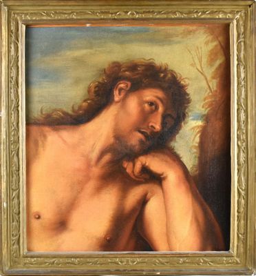 une peinture à l'huile représentant un homme aux cheveux longs et torse nu
