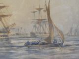 un tableau représentant un groupe de bateaux naviguant sur l'eau