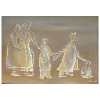 tableau représentant trois femmes et un enfant se tenant par la main avec un oiseau