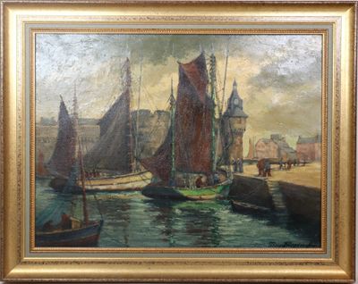 an oil painting of a harbor scene with boats in the water and a castle in the background