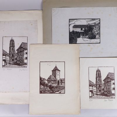 three old books with drawings of buildings and a clock tower
