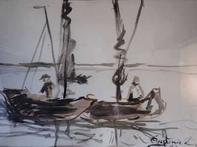 un tableau représentant un bateau avec des personnes à bord