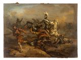 une image représentant un tableau où l'on voit un homme à cheval poursuivi par un autre homme à cheval