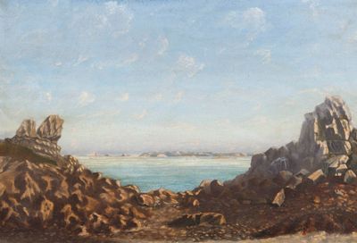 an oil painting of a rocky beach with rocks in the foreground and a body of water in the distance