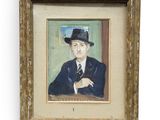 tableau représentant un homme en costume et chapeau, assis à une table