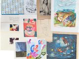 many different pictures of children ' s artwork displayed on the wall