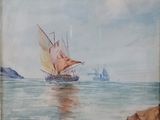 a picture of a painting of a boat in the water