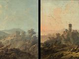 deux photos d'un tableau représentant un paysage de montagne avec des personnages au premier plan