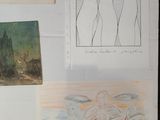 many drawings on the wall of this room