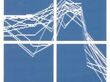 three squares of blue and white with white lines on them