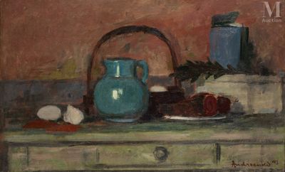 un tableau représentant un vase bleu posé sur une table en bois