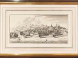 a drawing of a view of a town with a castle in the background