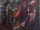 peinture abstraite représentant un homme à cheval dans un paysage rouge, bleu et noir