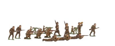 many figurines of soldiers standing in a line