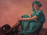painting of a woman in a blue dress sitting on a red carpet next to a dog