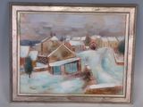 une reproduction d'un tableau représentant une ville enneigée, dans un cadre argenté