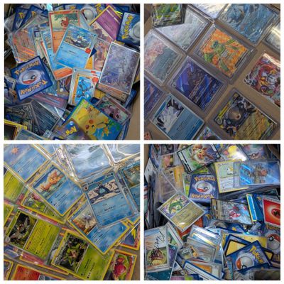 several pictures of various types of pokemon cards on a table