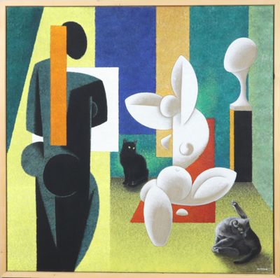 un tableau représentant un homme et un chat dans une pièce