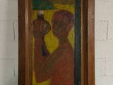 une peinture à l'huile représentant un homme tenant une bouteille sur un chevalet en bois