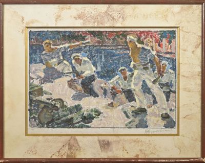 tableau représentant un groupe d'hommes jouant au baseball sur une plage