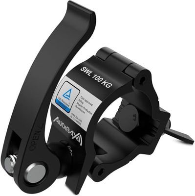a close up of a black clamp on a white background