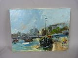 a painting of a boat on the water by the shore