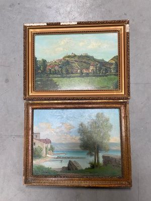 Ecole Moderne Bord de lac & village sur la colline Deux huil…