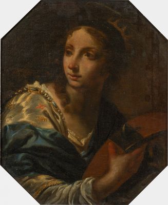 a painting of a woman in a blue dress holding a guitar