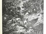 un vieux dessin en noir et blanc représentant un homme à cheval dans les bois