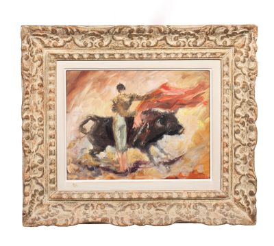 tableau représentant un homme chevauchant un taureau avec une cape rouge