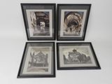 four black and white pictures of old buildings in a black frame