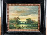 a painting of a landscape with a river in the foreground and a house in the distance