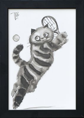 tableau représentant un chat jouant au tennis avec une balle et une raquette