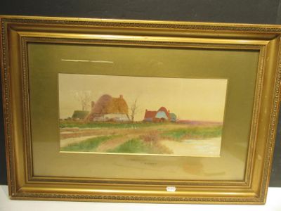 an image of a painting of a farm scene with a barn in the background