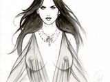 dessin représentant une femme aux cheveux longs portant un collier et une robe