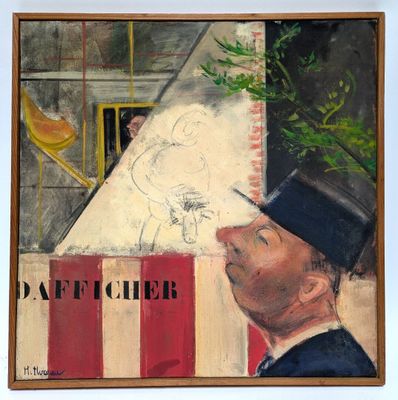 a painting of a man in a top hat looking at a drawing