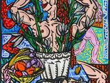 a painting of a woman sitting at a table with flowers in a vase