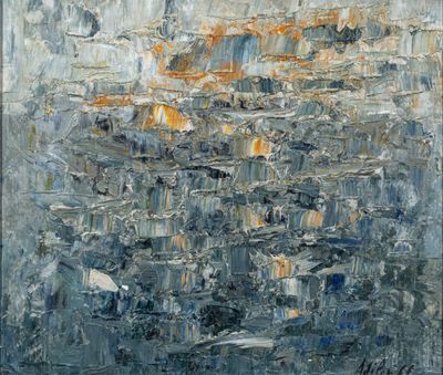 une peinture abstraite représentant un paysage urbain avec de nombreux bâtiments