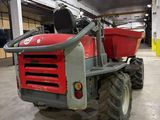a red tractor with a red bucket on the back of it