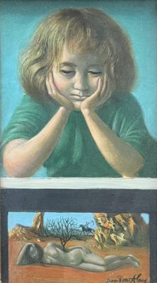 painting of a young girl with her hands on her face and a painting of a dead body
