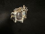 a close up of a silver broochle with a star on it