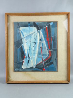 painting of a sailboat in blue and red on a white background