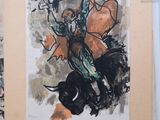 a painting of a man riding a horse with a hat on