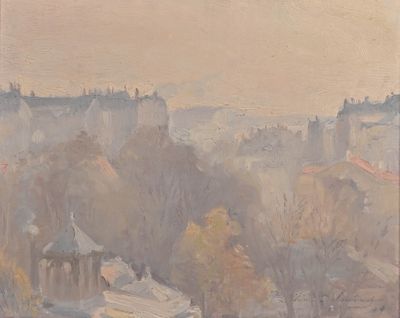 painting of a view of a city from a hill with a church in the distance